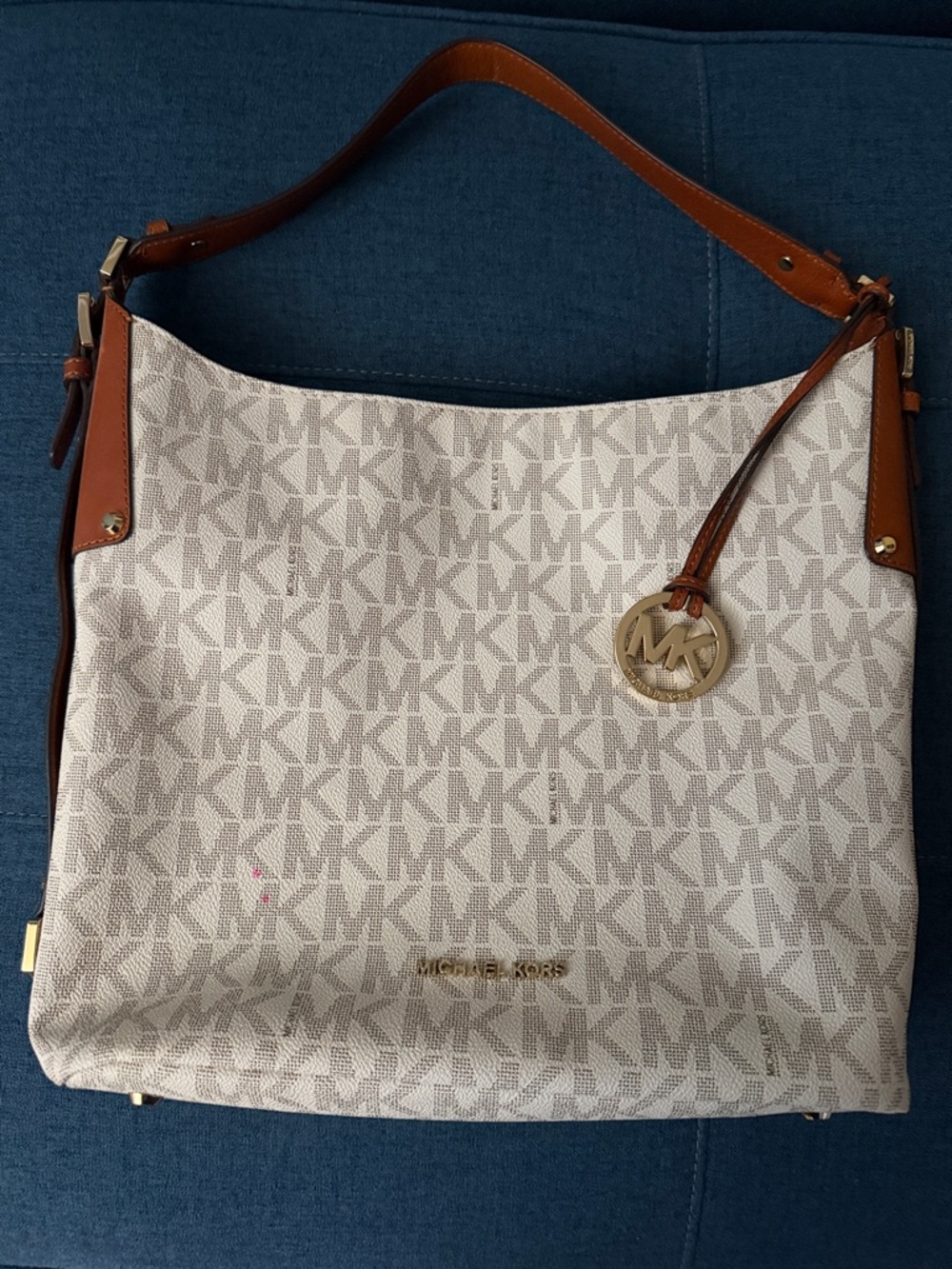 Michael Kors Beige and Brown Logo Hobo with Gold Accents